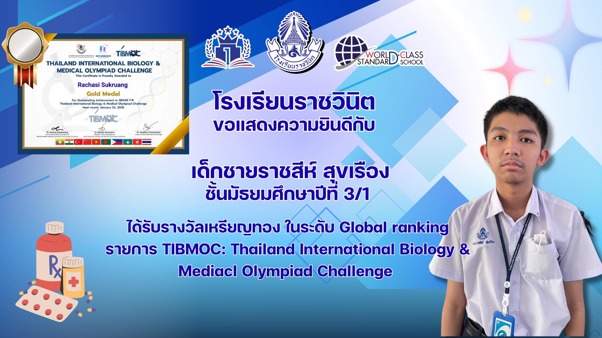 โรงเรียนราชวินิตขอแสดงความยินดีกับนักเรียนที่ได้รับรางวัลเหรียญทอง ในระดับ Global ranking รายการ TIBMOC: Thailand International Biology & Mediac Olympiad Challenge
