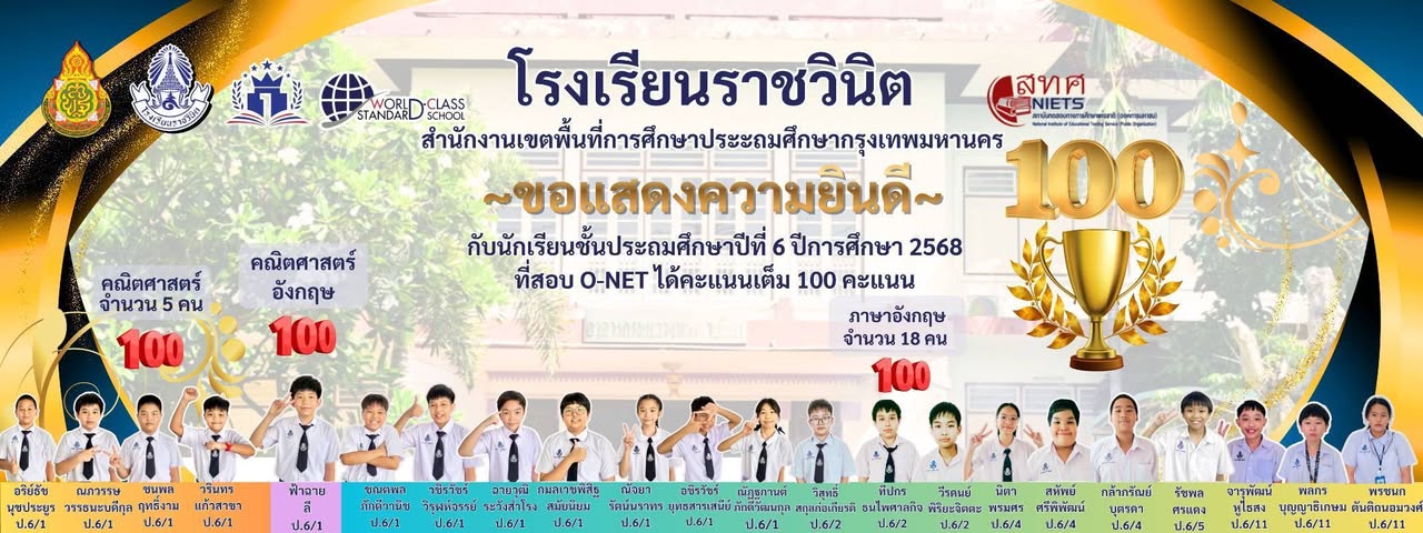 🏆โรงเรียนราชวินิตขอแสดงความยินดีแก่นักเรียนทุกคนที่ได้รับคะแนน​ O-NET​ 100 คะแนน​เต็ม​ ด้วย​ความ​ยินดี​ยิ่ง