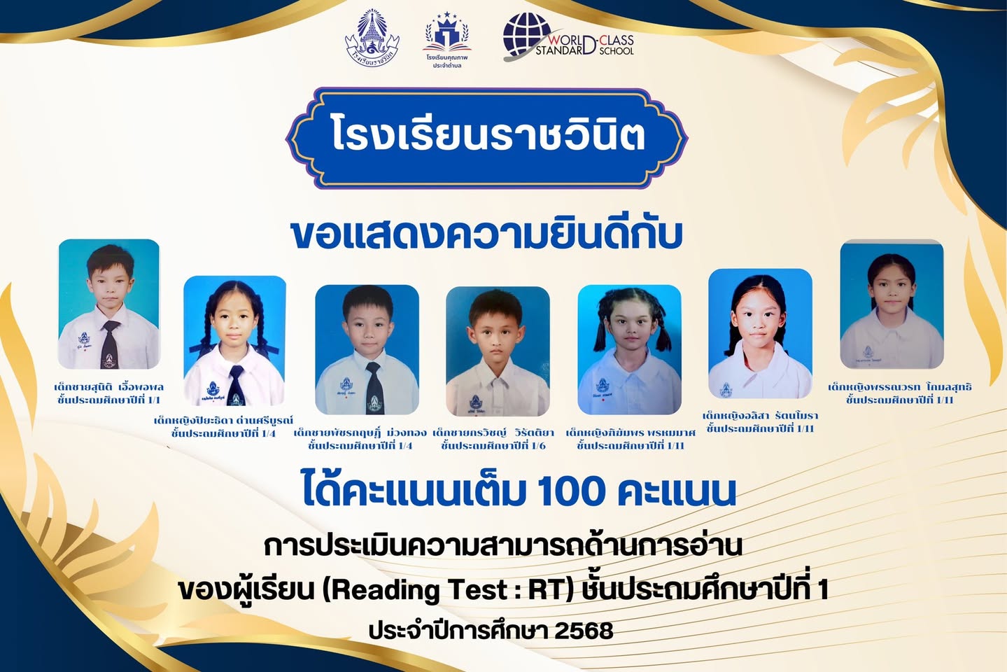 โรงเรียนราชวินิตขอแสดงความยินดีแก่นักเรียนระดับชั้นประถมศึกษาปีที่ 1 ที่ได้คะแนนการประเมินความสามารถด้านการอ่าน (Reading Test : RT) เต็ม100คะแนน